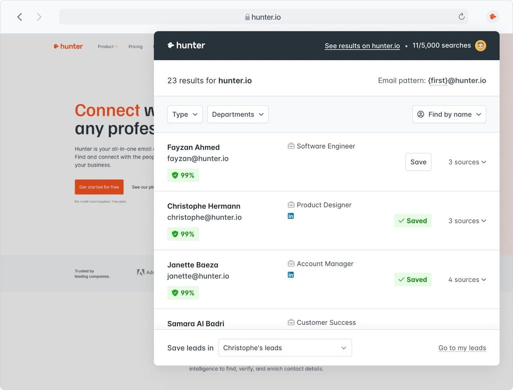 Hunter Chrome extension listing domain search results with verified email addresses and 99% confidence scores