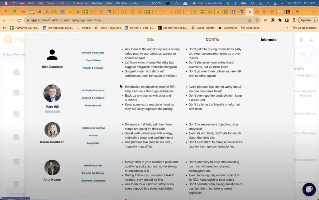 Humantic AI buying committee view with communication dos and don’ts for each stakeholder