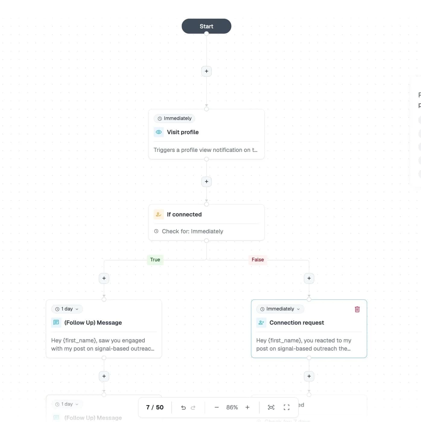 Expandi Builder smart sequence with a profile visit, if-connected condition, and follow-up branches
