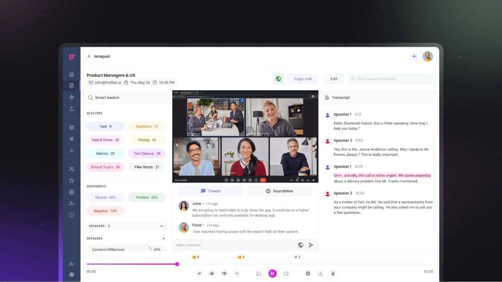 Fireflies meeting recap with transcript, AI topic filters, and sentiment breakdown