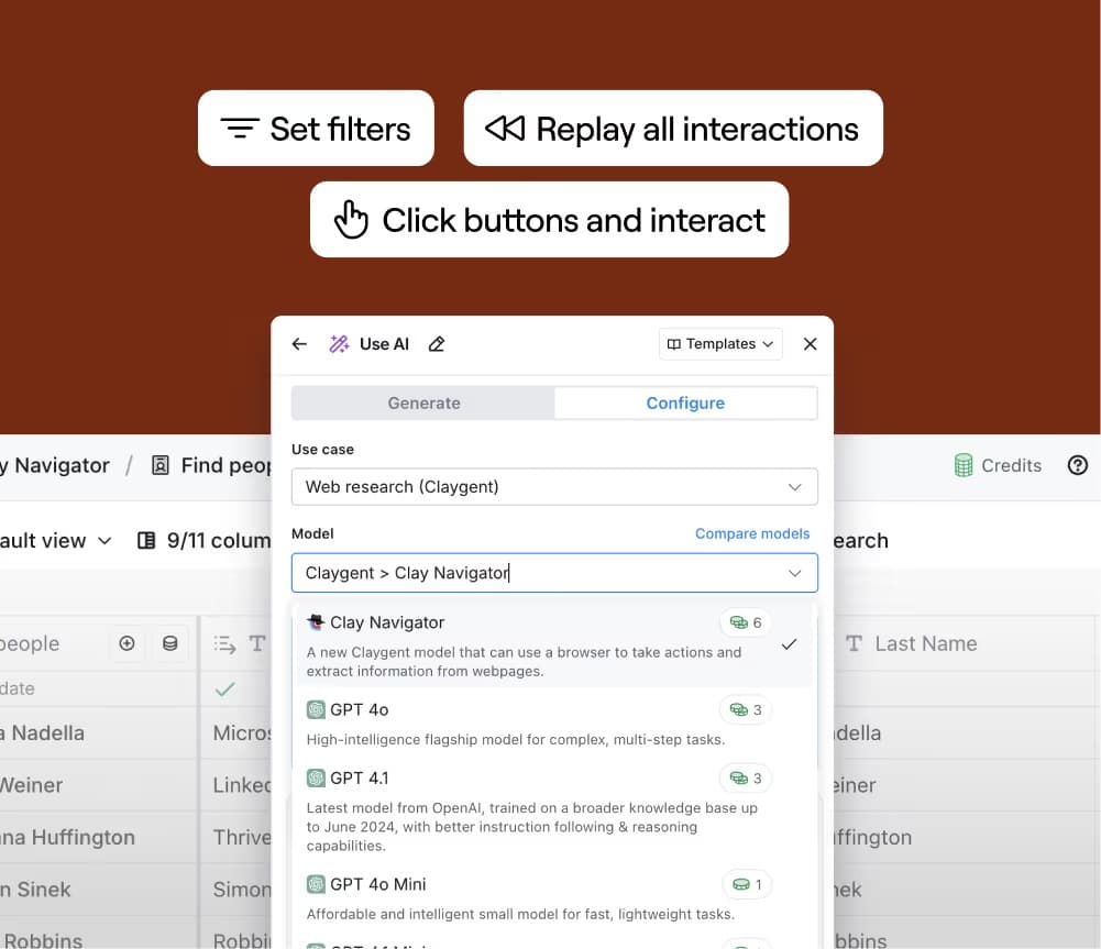Clay Use AI panel selecting Claygent web research models to enrich a lead list