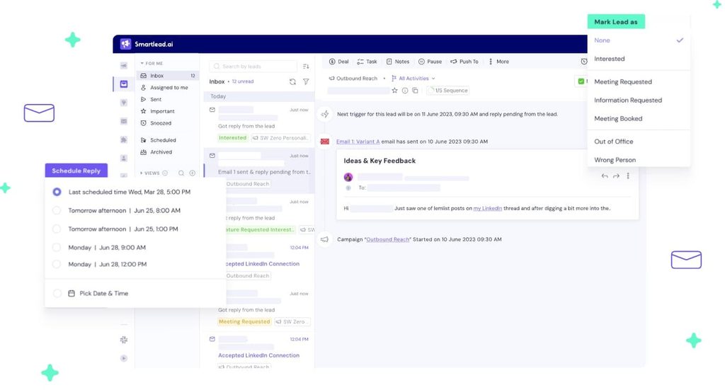 Smartlead unified inbox with lead status labels and reply scheduling options