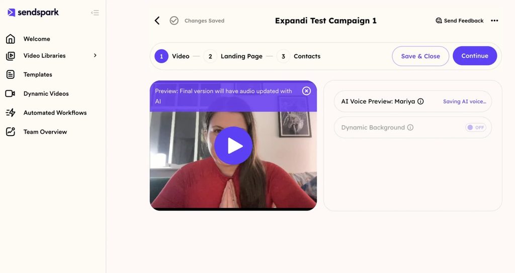 Sendspark campaign editor with AI voice preview and dynamic background options