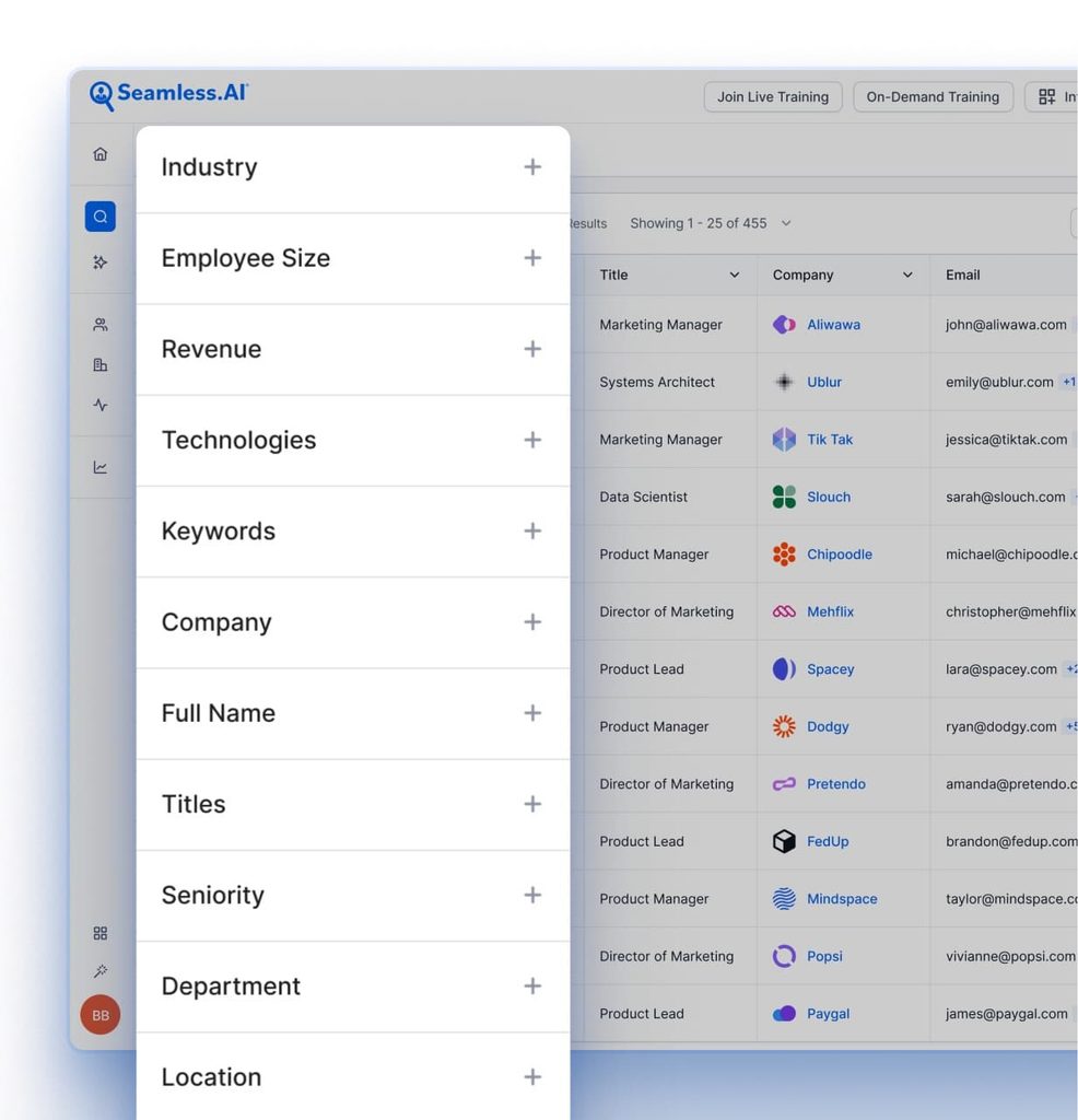 Seamless.AI contact search filters for industry, seniority, and technologies with results table