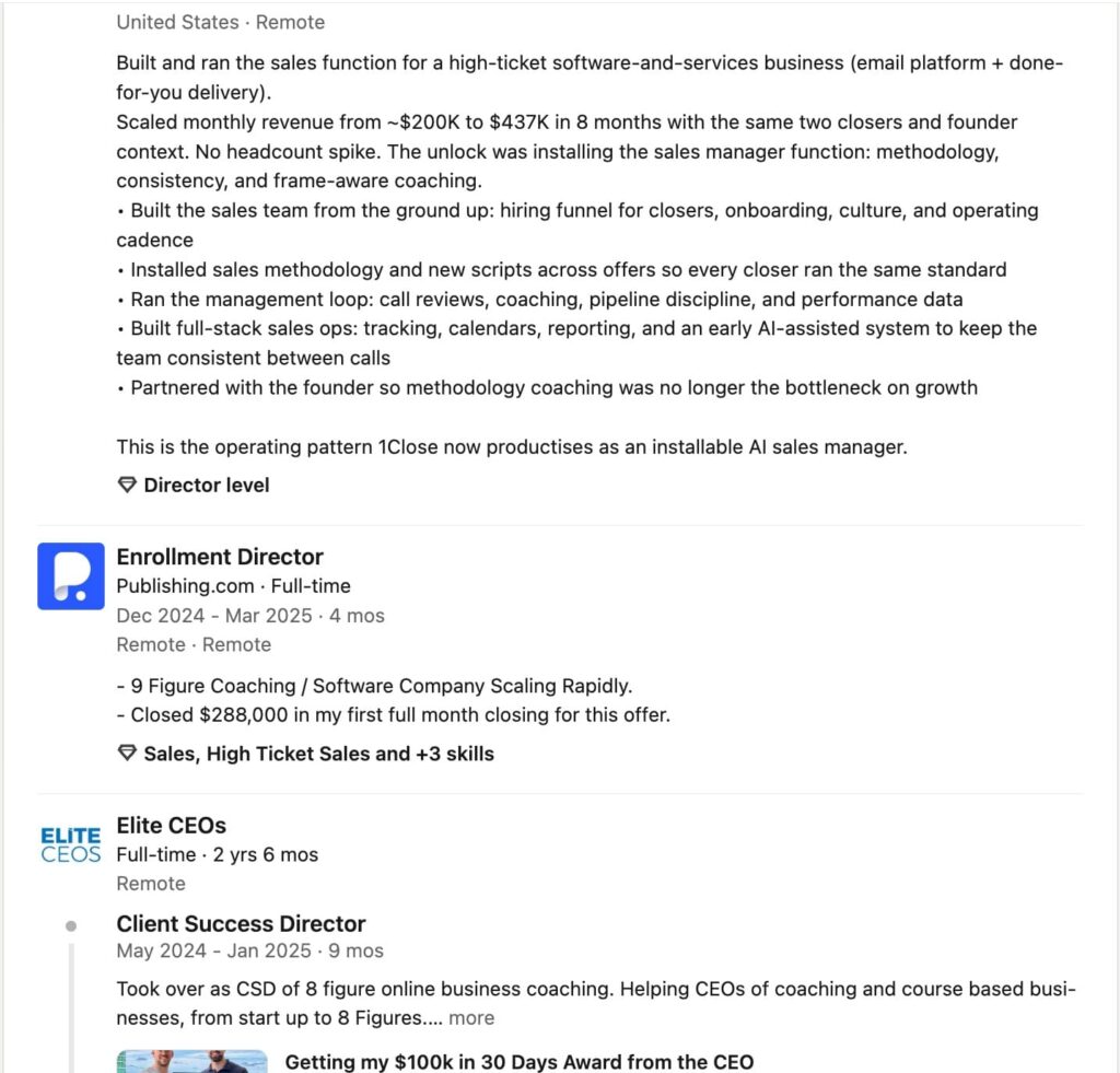 linkedin profile sales experience section