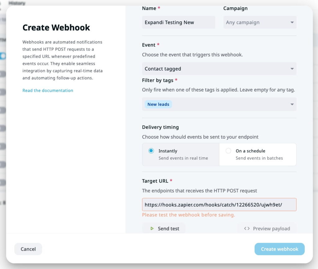 Expandi creating a webhook