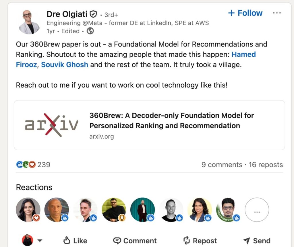 LinkedIn Dre Olgiati announcement