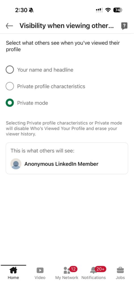 linkedin incognito mode