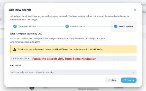 Expandi Sales Navigator search by URL