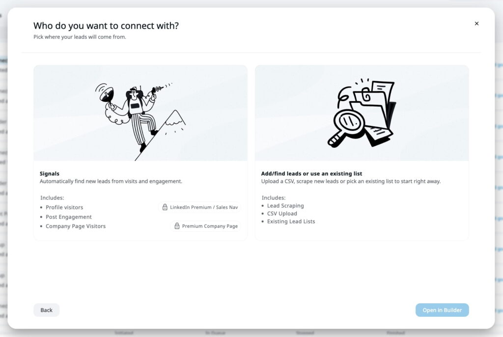 Expandi lead source screen with Signals and Post Engagement