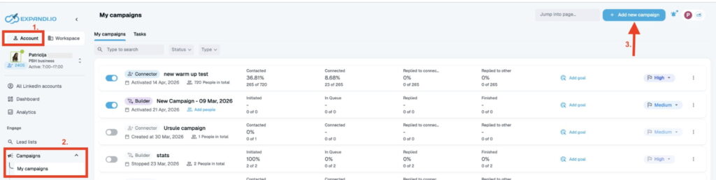 Expandi My campaigns dashboard, adding a new campaign