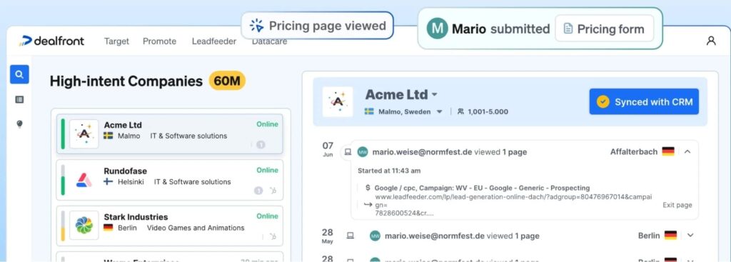 dealfront for website traffic into intent led outbound