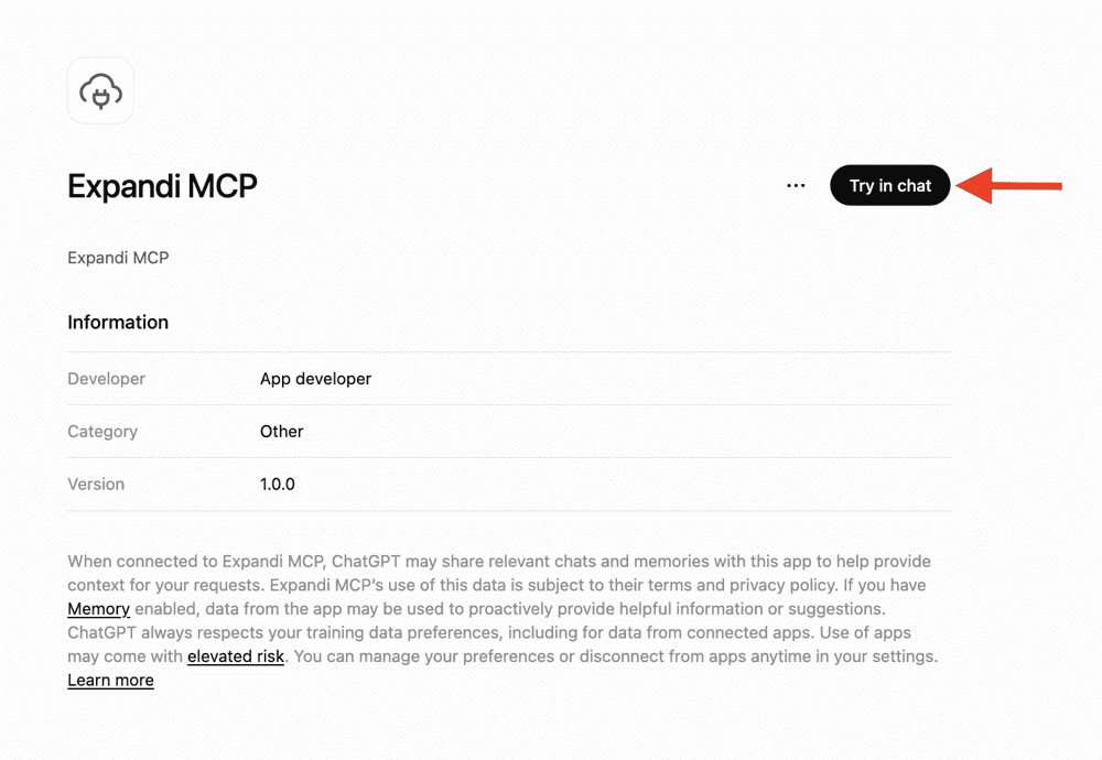 Open the Expandi MCP plugin and click Try in chat. Expandi ChatGPT integration
