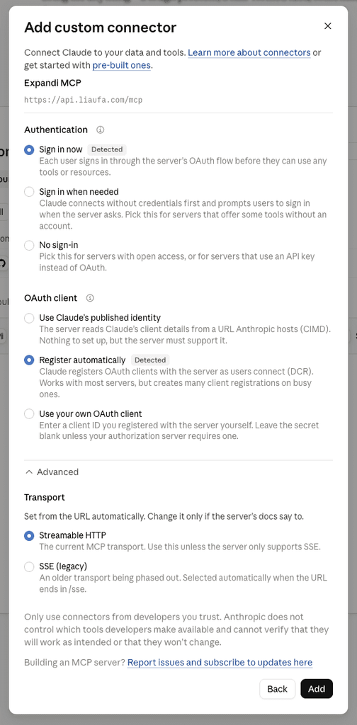 Claude detects the settings for Expandi MCP: Sign in now, Register automatically and Streamable HTTP. Claude connector MCP