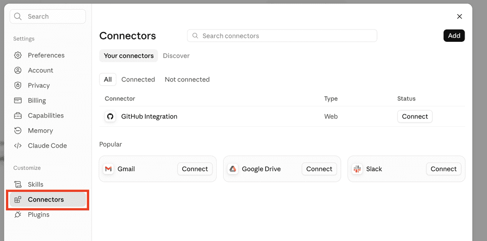Connectors in Claude's settings menu. connect Expandi to Claude