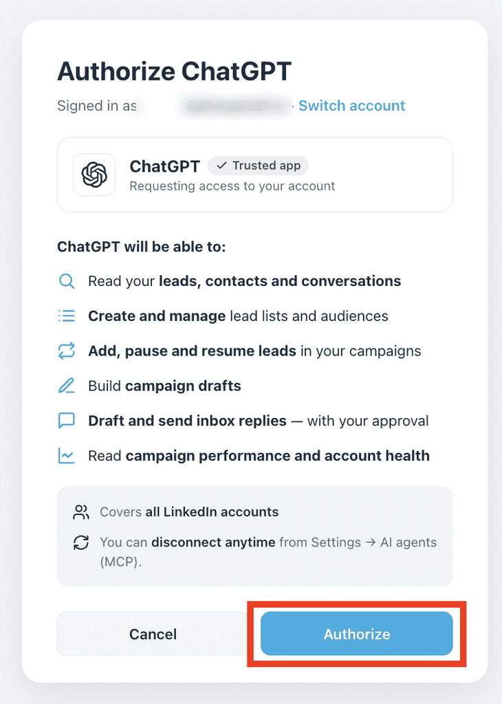 The authorization screen lists everything ChatGPT will be able to do in Expandi. ChatGPT sales automation