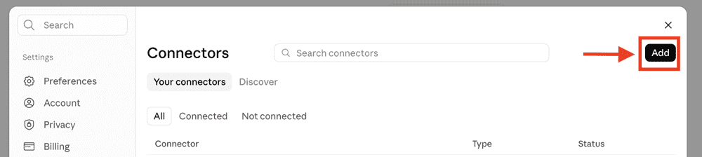 The Add button on Claude's Connectors page. Expandi Claude integration