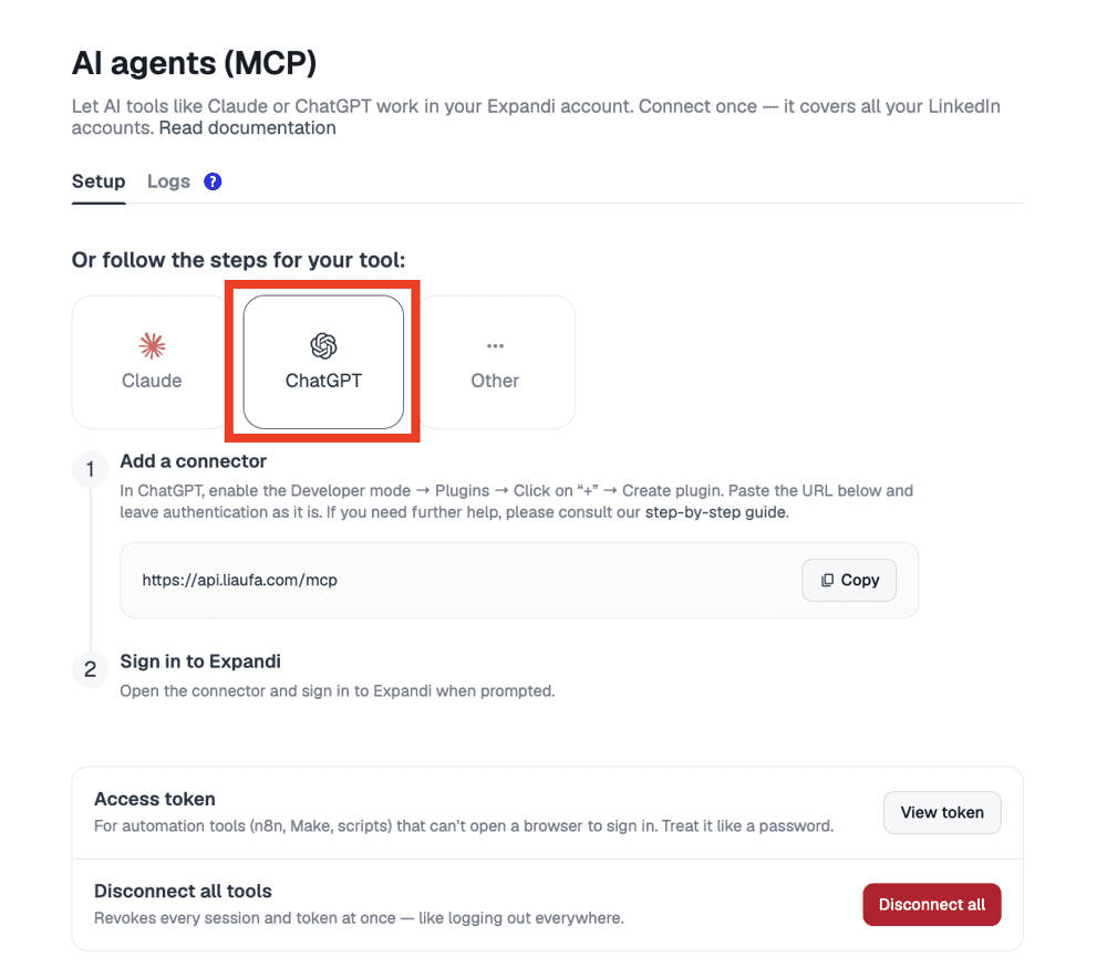 The AI agents page in Expandi, with the ChatGPT option selected. connect Expandi to ChatGPT