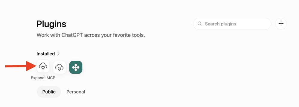 Expandi MCP in the list of installed ChatGPT plugins. connect Expandi to ChatGPT