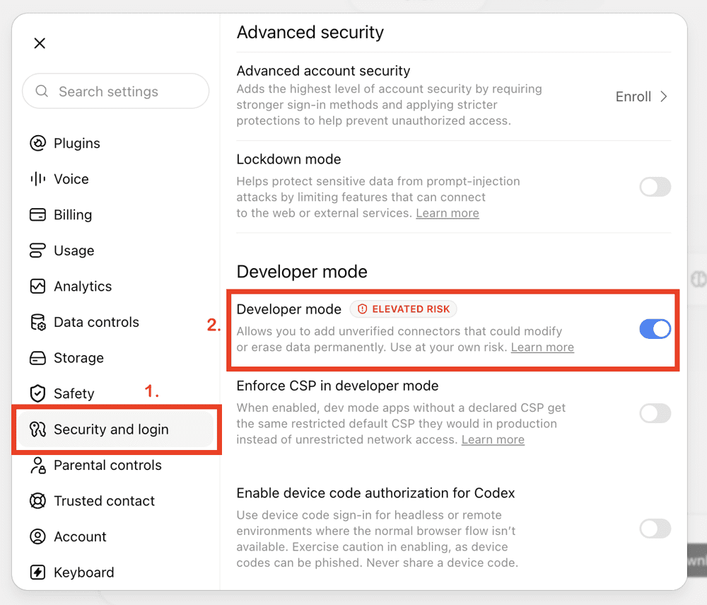 Developer mode sits under Security and login in ChatGPT settings. ChatGPT sales automation