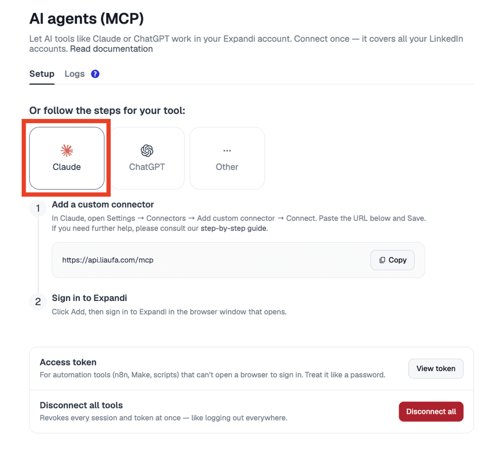 The AI agents page in Expandi, with the Claude option selected. Claude connector MCP