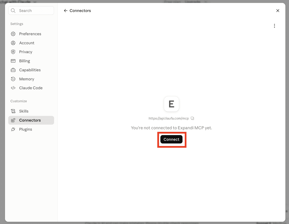 Adding the connector isn't enough. Click Connect to link Claude to your Expandi account. Claude sales automation