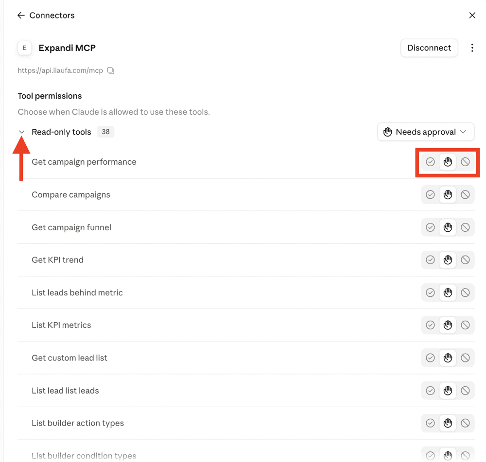Tool permissions for Expandi MCP in Claude, with per-tool controls. Claude LinkedIn outreach
