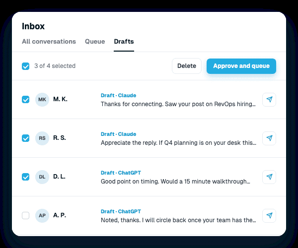 Replies your AI drafts wait in the Expandi Inbox until you approve them. Expandi ChatGPT integration