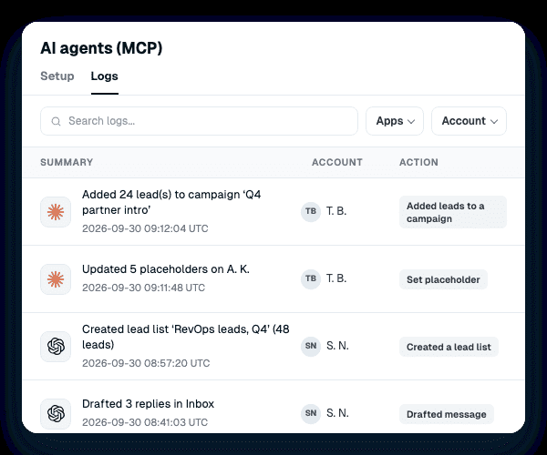 The Logs tab shows every action your AI took, and on which LinkedIn account. ChatGPT LinkedIn outreach