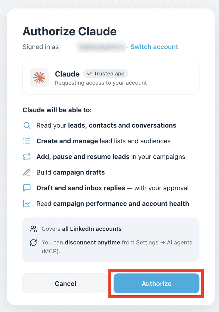 The authorization screen lists everything Claude will be able to do in Expandi. connect Expandi to Claude