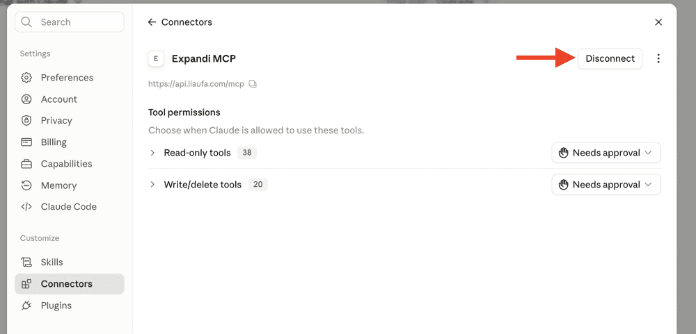 Disconnect Expandi MCP from the connector page in Claude. Claude connector MCP