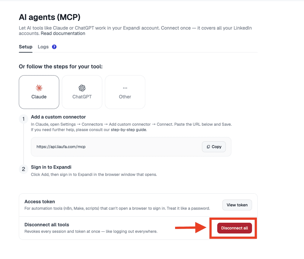 Disconnect all revokes access for every AI tool connected to Expandi. ChatGPT sales automation
