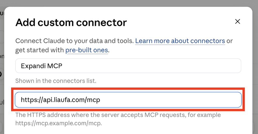 Name the connector and paste the Expandi server address to connect Expandi to Claude. Claude LinkedIn outreach