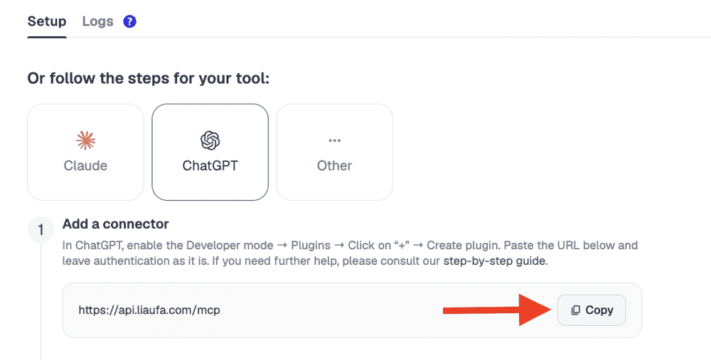 Copy the Expandi server address to connect Expandi to ChatGPT. Expandi ChatGPT integration