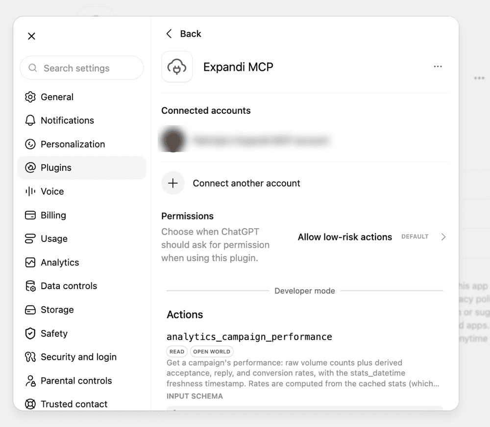 Permissions and the full list of Expandi actions in ChatGPT's plugin settings. ChatGPT LinkedIn outreach
