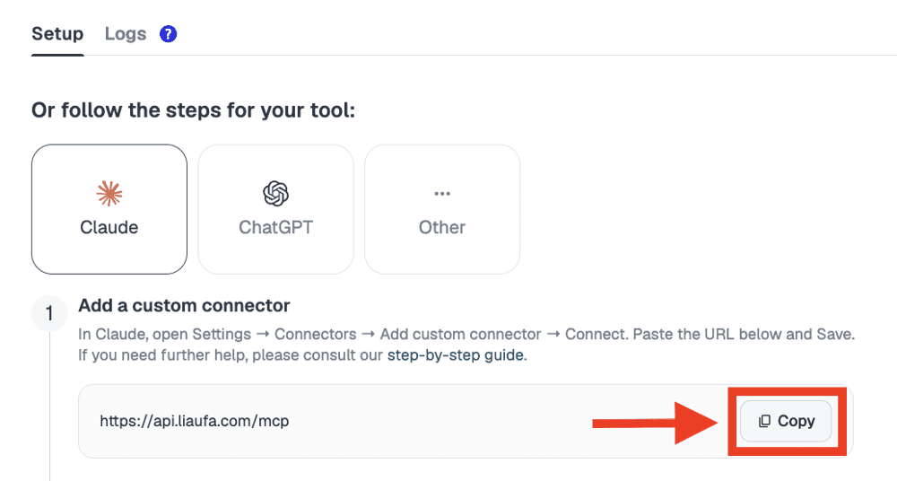 Copy the Expandi server address to connect Expandi to Claude. Claude sales automation