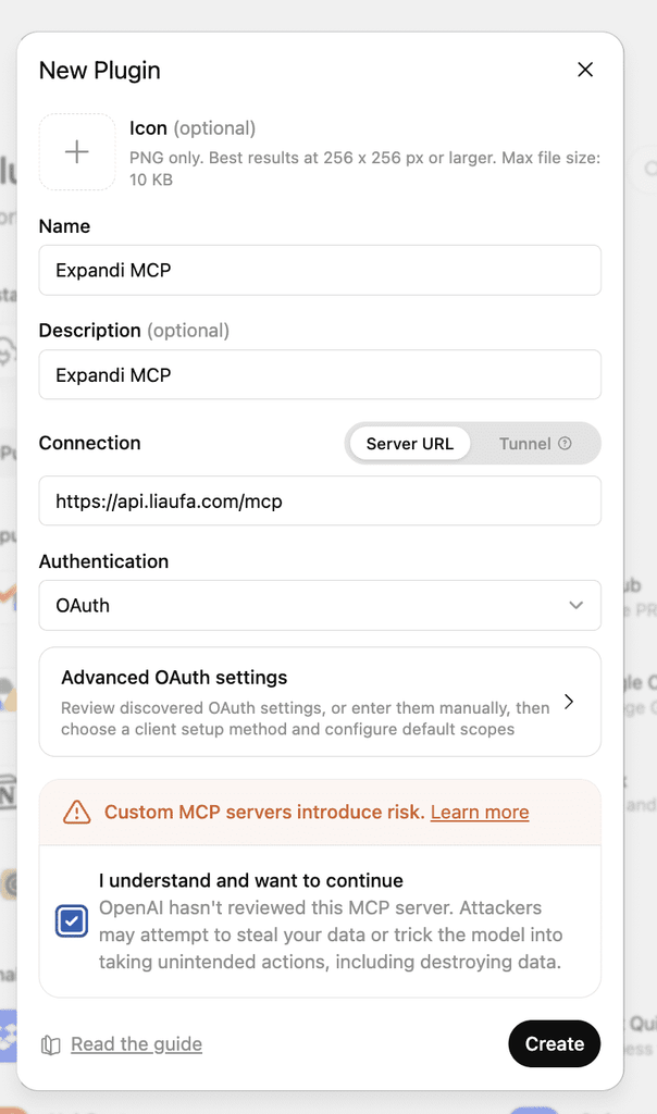 The New Plugin form filled in to connect Expandi to ChatGPT, with OAuth selected and the box ticked. ChatGPT MCP plugin