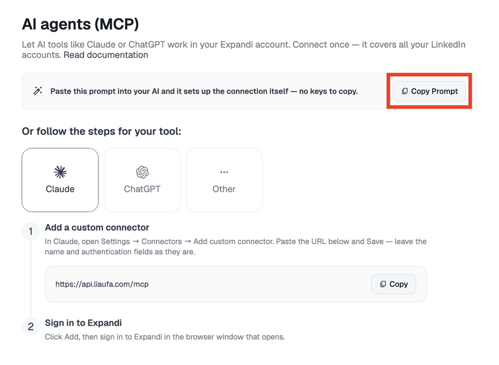 Screenshot showing the Expandi MCP connection dashboard
