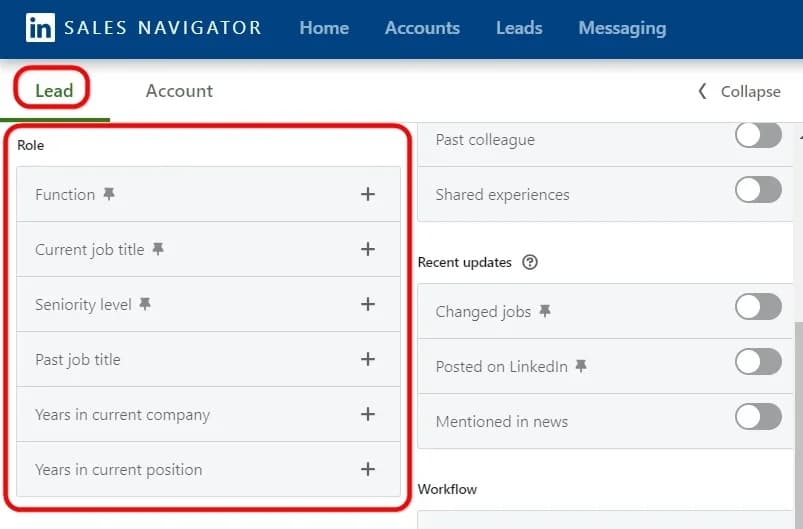 sales navigator lead filters