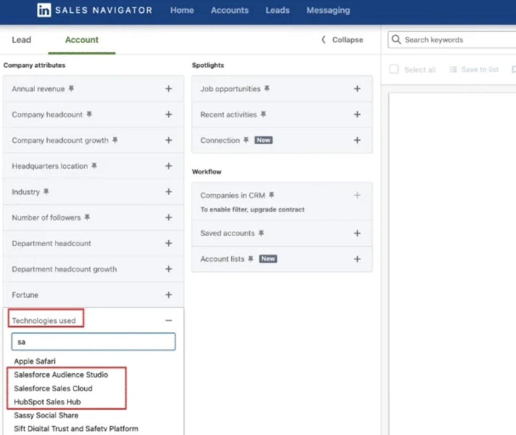targeting people with sales navigator based on technology used